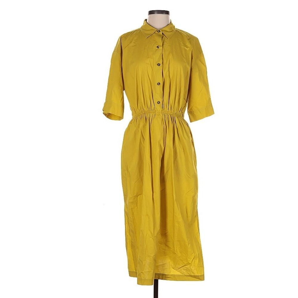 Etica Tina Shirt Dress 100% Organic Cotton Poplin Midi Natural Yellow Dress S - Picture 2 of 9